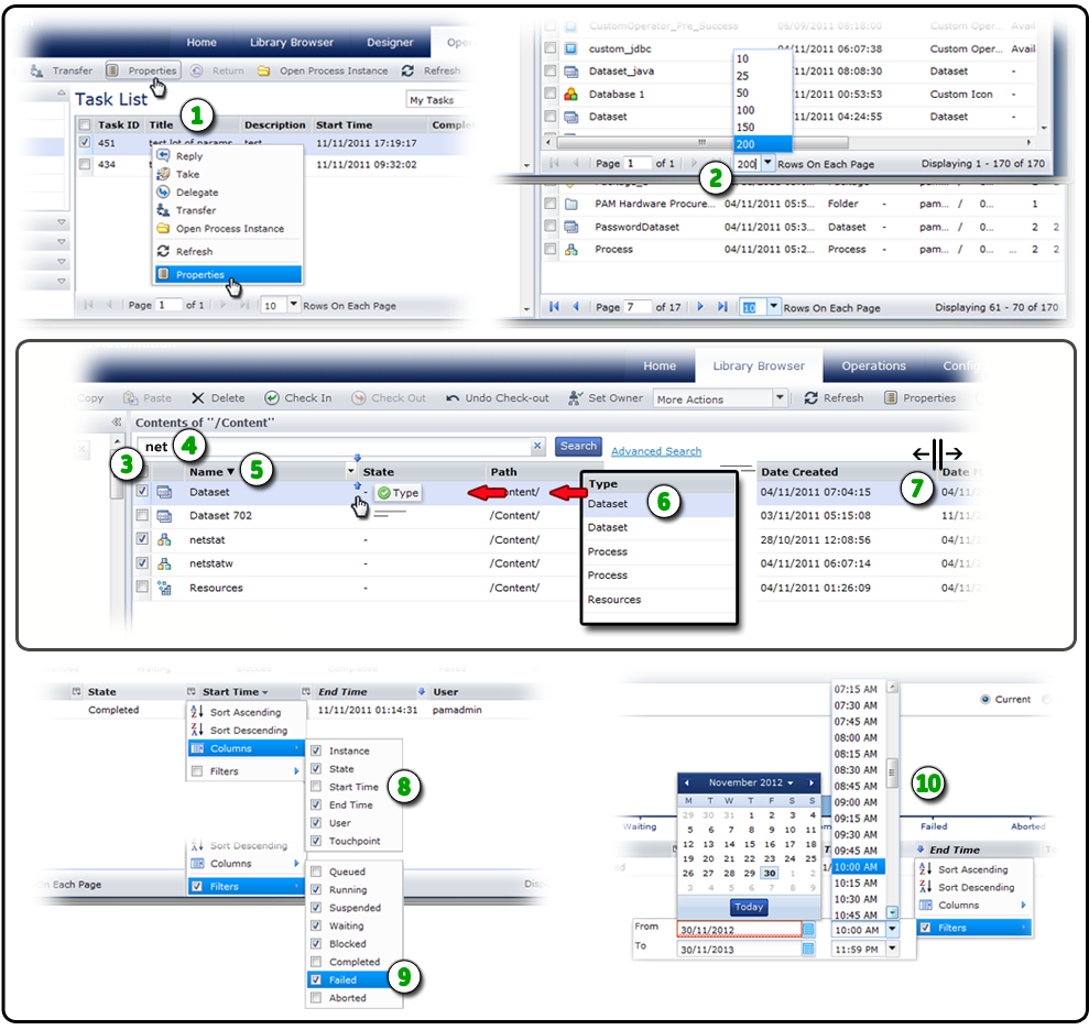 Este gráfico muestra los controles habituales de la interfaz de usuario que se utilizan en CA Process Automation.